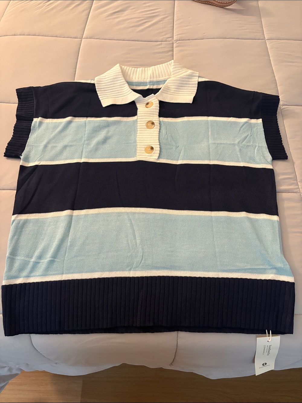 Striped Short-Sleeve Polo Top in Navy and Light Blue